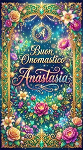 Cartolina d'auguri verticale per Buon Onomastico Anastasia con cornice dorata elegante, fiori colorati e sfondo luminoso magico