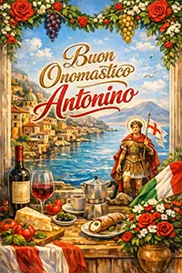 Image italienne festive avec texte “Buon Onomastico Antonino”, décor côtier méditerranéen, Saint Antonino en tenue romaine, vin rouge, café et drapeau italien, ambiance chaleureuse et traditionnelle.