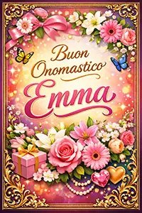 Cartolina verticale colorata con scritta “Buon Onomastico Emma”, cornice dorata e fiori vivaci