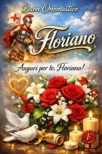 Illustrazione digitale verticale con la scritta “Buon Onomastico Floriano”, San Floriano in armatura romana, bouquet di rose rosse e gigli bianchi, colombe e candele su sfondo celeste con luce dorata, atmosfera festiva e solenne.