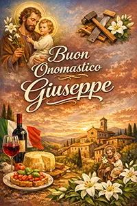 Image festive italienne avec Saint Joseph tenant l’enfant Jésus, texte “Buon Onomastico Giuseppe”, décor de campagne italienne au coucher du soleil, fleurs de lys et symboles artisanaux.
