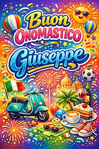 Buon Onomastico Giuseppe”, style jeune et moderne, décor de fête avec ballons, feu d’artifice, Vespa turquoise, café et drapeau italien.