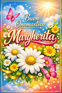 Immagine verticale colorata con fiori e farfalle, testo “Buon Onomastico Margherita” in stile elegante e cornice dorata sottile.