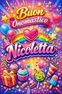Immagine verticale colorata e moderna con la scritta “Buon Onomastico Nicoletta”, palloncini, arcobaleno e decorazioni festive in stile giovanile