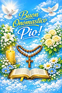 Immagine luminosa con la scritta “Buon Onomastico Pio!”