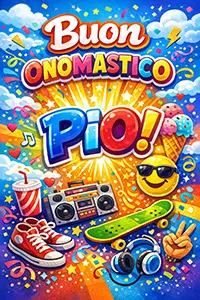 Immagine vivace e colorata con la scritta “Buon Onomastico Pio!”