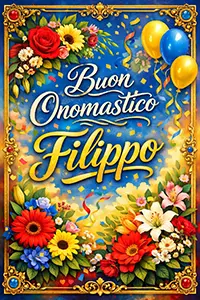 Cartolina colorata Buon Onomastico Filippo con cornice dorata, fiori vivaci e scritta elegante
