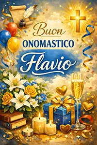 Biglietto augurale “Buon Onomastico Flavio” con decorazioni floreali, palloncini e luce dorata sullo sfondo