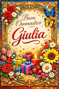 Cartolina colorata Buon Onomastico Giulia con cornice dorata, fiori e farfalle