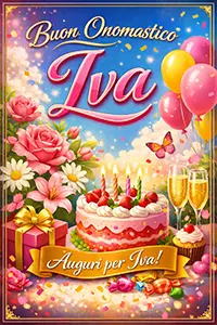 Cartolina verticale colorata con scritta Buon Onomastico Iva, fiori, palloncini e torta festiva