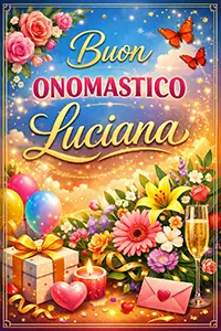 Cartolina verticale colorata con scritta “Buon Onomastico Luciana”, cornice dorata sottile e composizione floreale luminosa