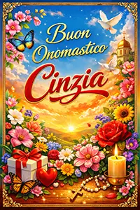 cartolina verticale colorata con la scritta «Buon Onomastico Cinzia», fiori, candela e cornice dorata elegante