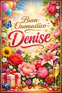 Cartolina verticale colorata con la scritta «Buon Onomastico Denise» in caratteri dorati e rosa, circondata da fiori luminosi, farfalle e dettagli festivi eleganti.