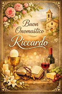 immagine verticale elegante con cornice dorata e scritta “Buon Onomastico Riccardo”, decorata con fiori e simboli religiosi in stile italiano