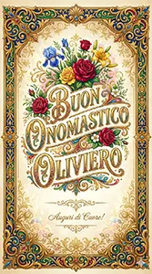 Auguri di buon onomastico Oliviero, bellissima immagine elegante con fiori e cornice dorata da scaricare gratis o condividere